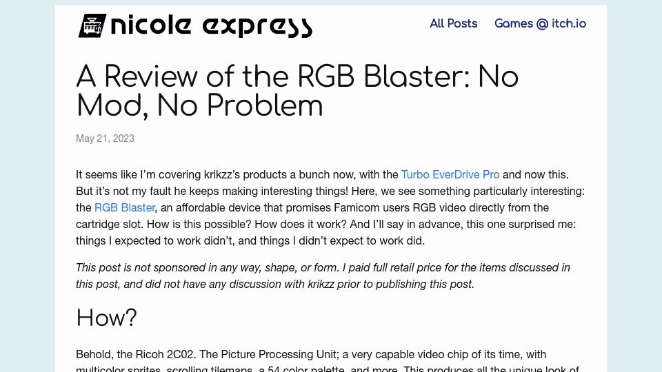 Screenshot of nicole.express: A Review of the RGB Blaster: No Mod, No Problem