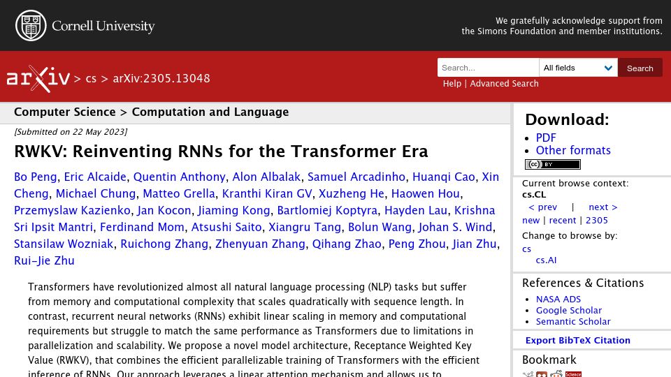 Screenshot of arxiv.org: RWKV: Reinventing RNNs for the Transformer Era
