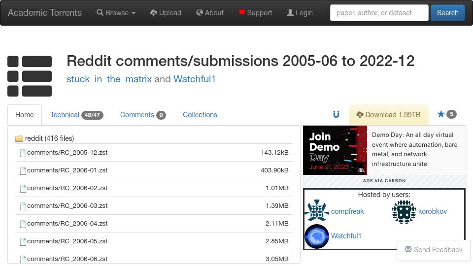 Screenshot of academictorrents.com: Reddit comments and submissions collected by Pushshift