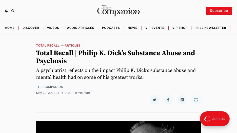Screenshot of thecompanion.app: Philip K. Dick's Substance Abuse and Psychosis