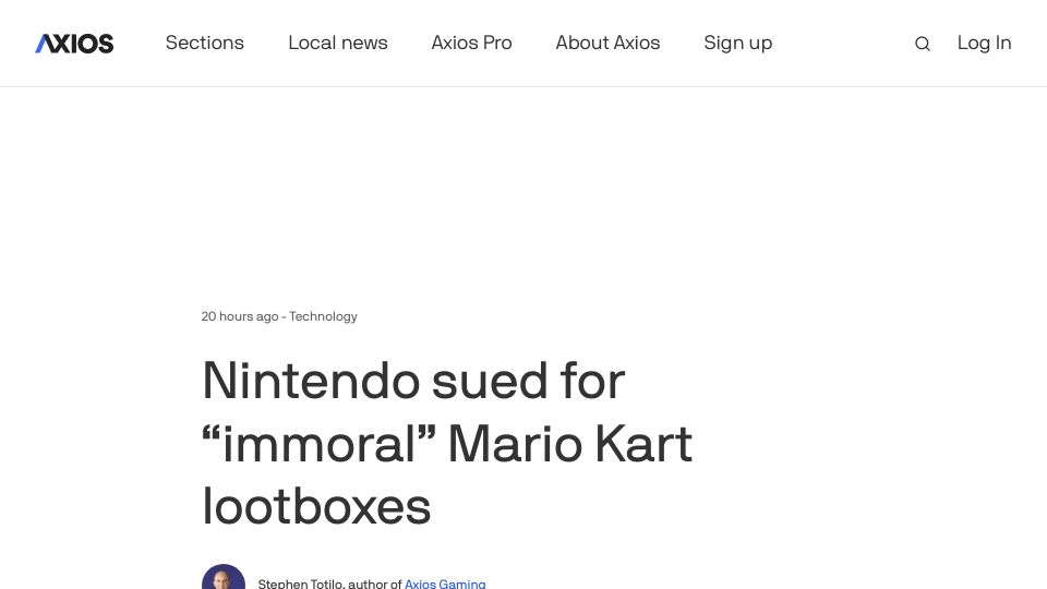 Screenshot of axios.com: Nintendo sued for “immoral” Mario Kart lootboxes