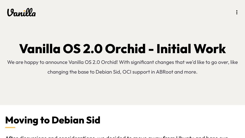 Screenshot of vanillaos.org: Vanilla OS 2.0 Orchid base is changing from Ubuntu to Debian