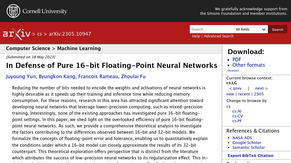 Screenshot of arxiv.org: In Defense of Pure 16-Bit Floating-Point Neural Networks