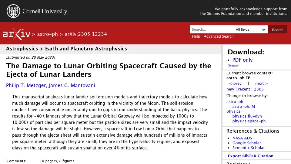 Screenshot of arxiv.org: The damage to lunar orbiting spacecraft caused by the ejecta of lunar landers