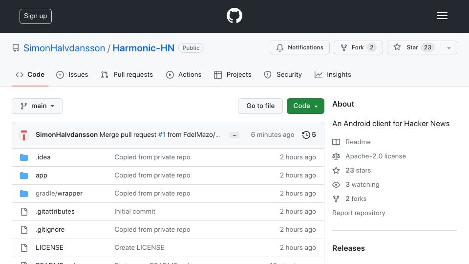 Screenshot of github.com: Show HN: Open sourcing Harmonic, my Android Hacker News client