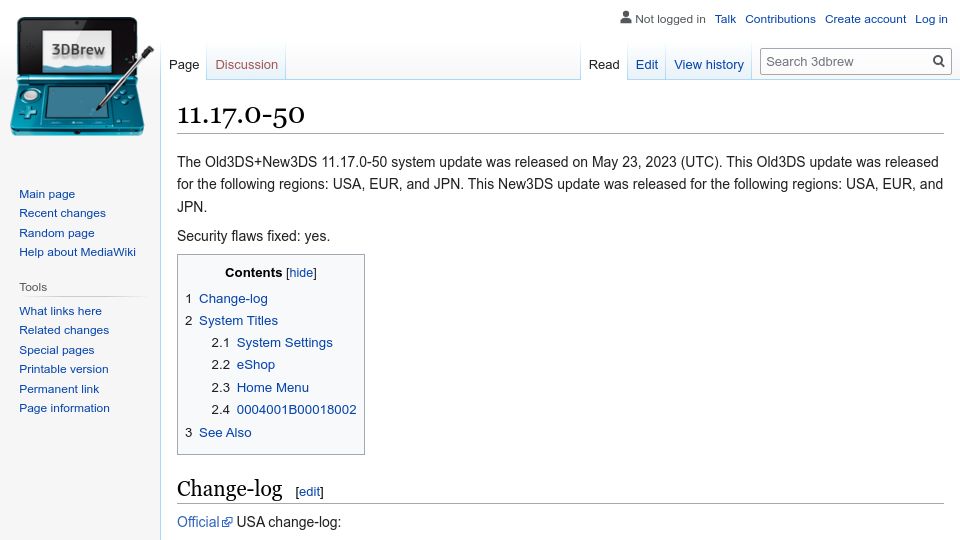 Screenshot of 3dbrew.org: Nintendo updates 3DS to block Bannerbomb3 despite eShop discontinuation