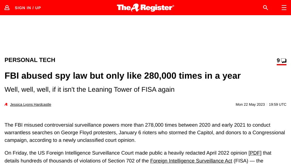 Screenshot of theregister.com: FBI misused surveillance powers more than 280k times in a year
