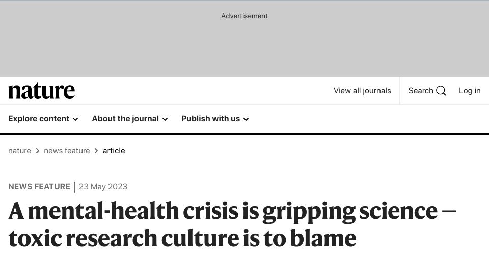 Screenshot of nature.com: A mental health crisis in science