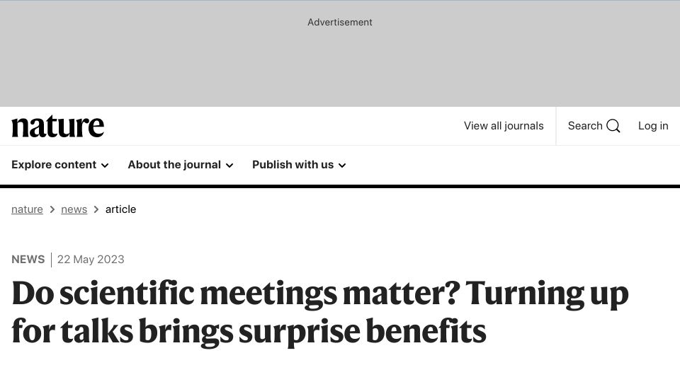 Screenshot of nature.com: Talks That Attendees See in Person More Likely to Be Cited