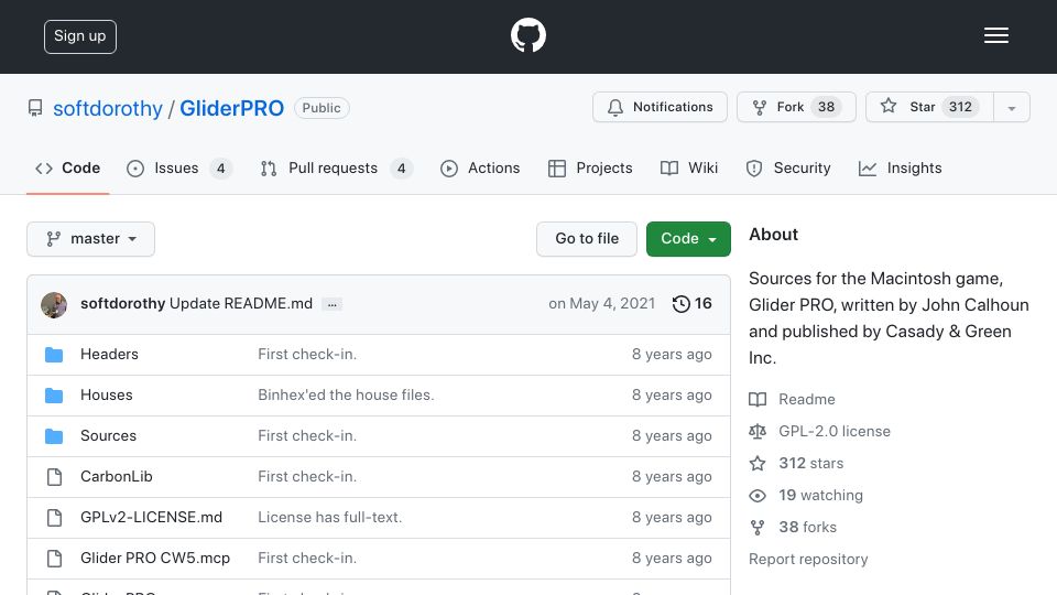 Screenshot of github.com: Source code for Glider Pro (1994)