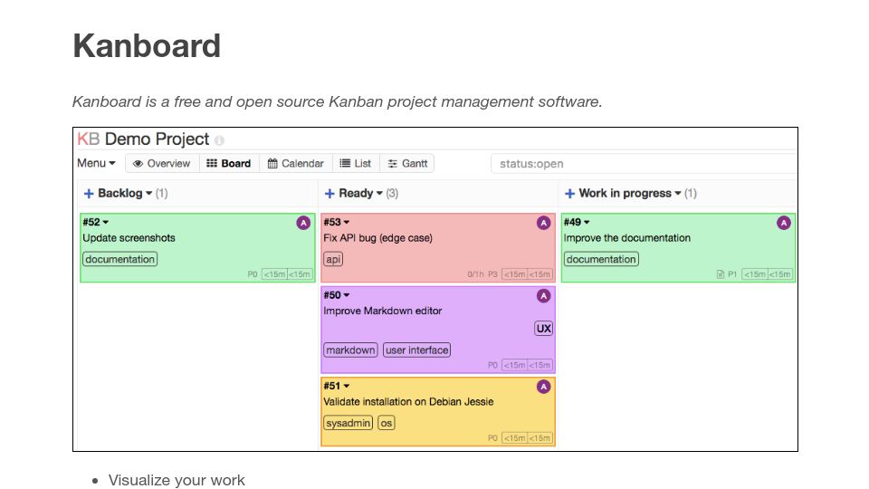 Screenshot of kanboard.org: Kanboard: free and open source Kanban project management software