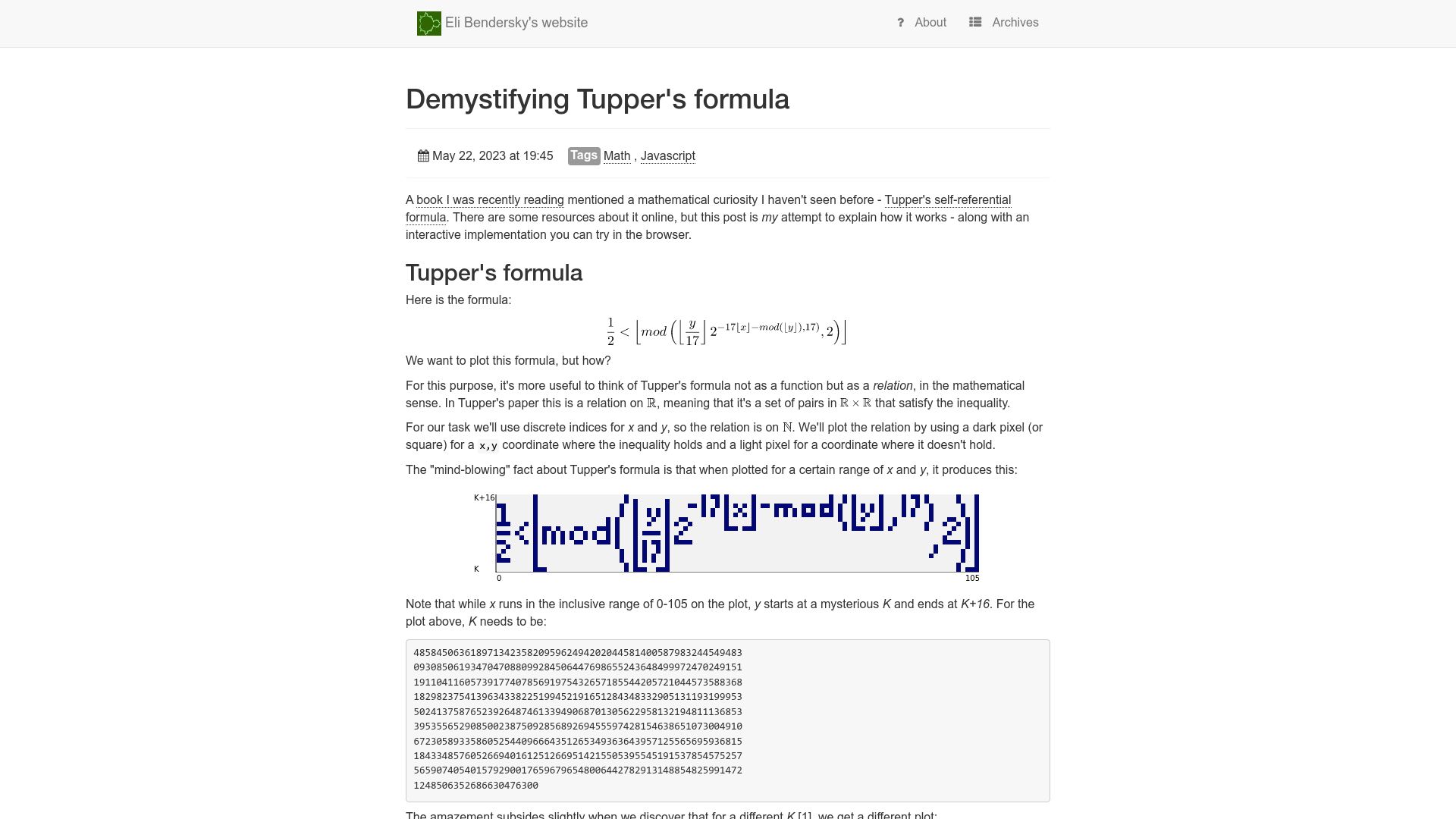Screenshot of eli.thegreenplace.net: Demystifying Tupper's Formula