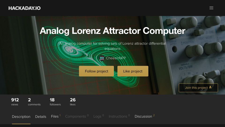 Screenshot of hackaday.io: Analog Lorenz Attractor Computer.io