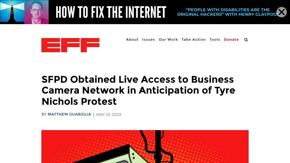Screenshot of eff.org: SFPD obtained live access to business camera network in anticipation of protest