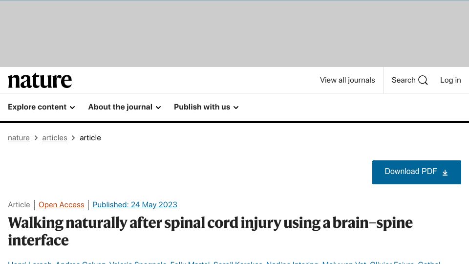Screenshot of nature.com: Walking naturally after spinal cord injury using a brain–spine interface