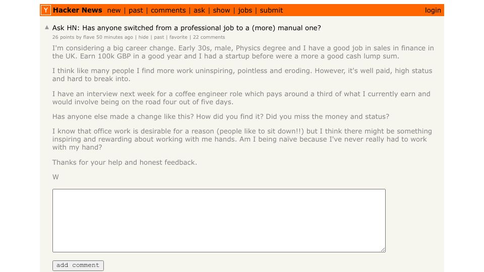 Screenshot of Hacker News post: Ask HN: Has anyone switched from a professional job to a (more) manual one?
