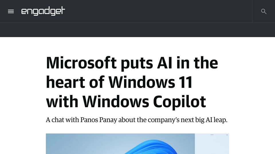 Screenshot of engadget.com: Microsoft is integrating Copilot into Windows 11