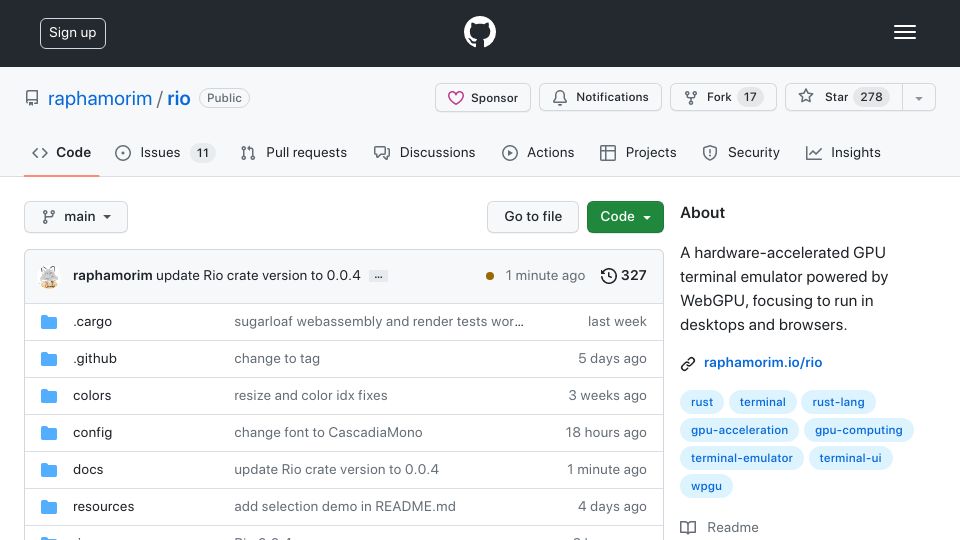 Screenshot of github.com: Rio: Terminal app built over WebGPU, WebAssembly and Rust