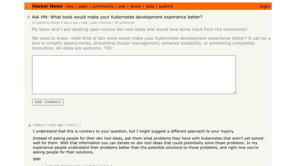 Screenshot of Hacker News post: Ask HN: What tools would make your Kubernetes development experience better?