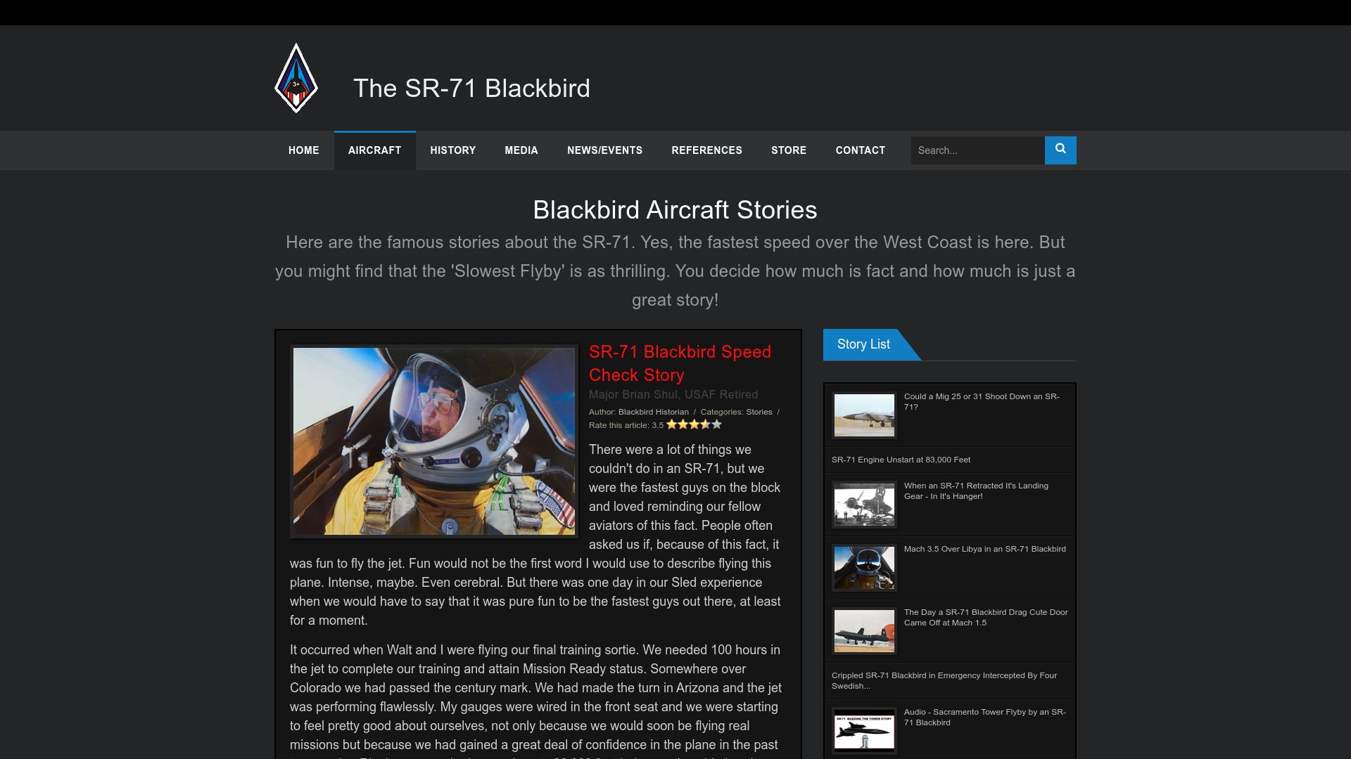 Screenshot of thesr71blackbird.com: SR-71 Blackbird Speed Check Story