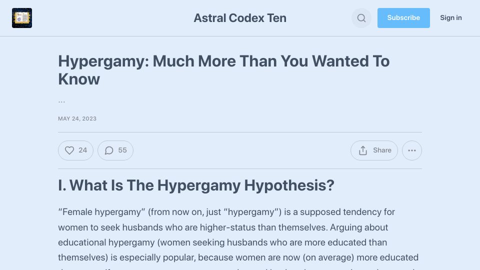 Screenshot of astralcodexten.substack.com: The hypergamy hypothesis: much more than you wanted to know