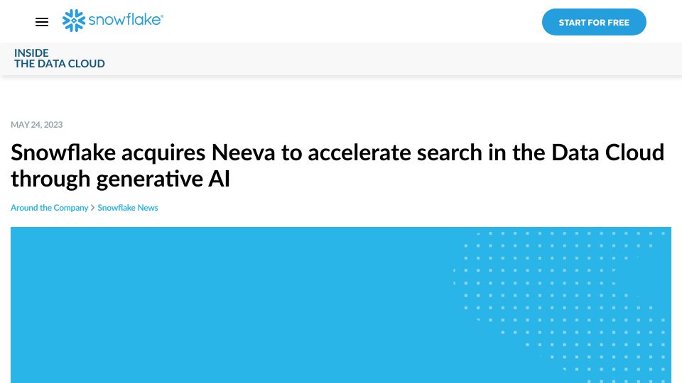 Screenshot of snowflake.com: Neeva acquired by Snowflake