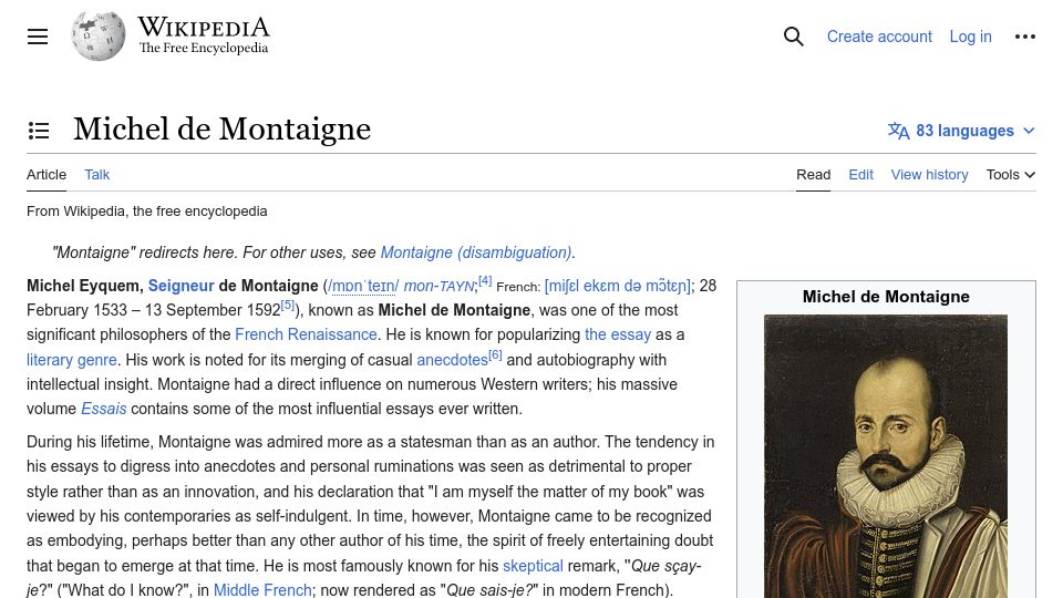 Screenshot of en.wikipedia.org: Michel de Montaigne
