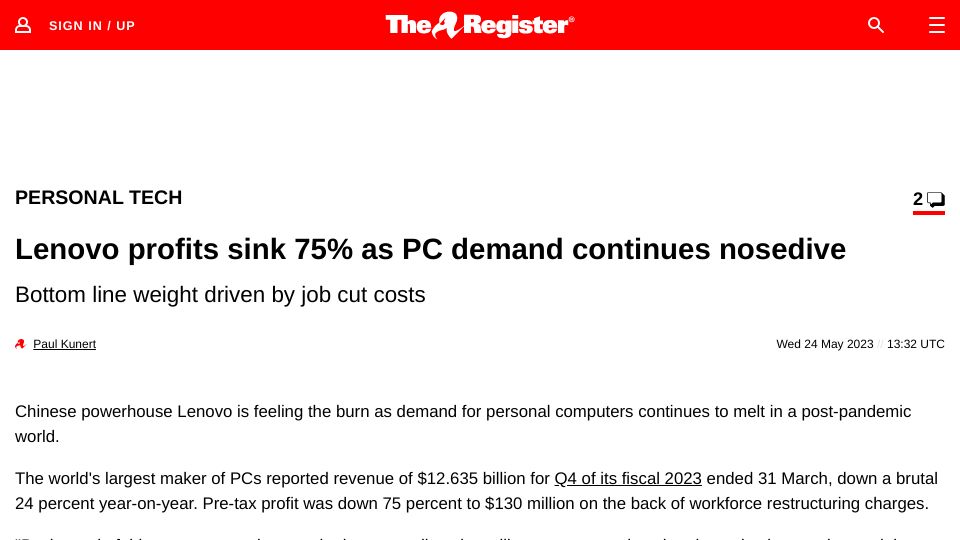 Screenshot of theregister.com: Lenovo profits sink 75% as PC demand continues nosedive
