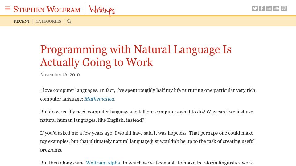 Screenshot of writings.stephenwolfram.com: Programming with natural language is going to work (2010)