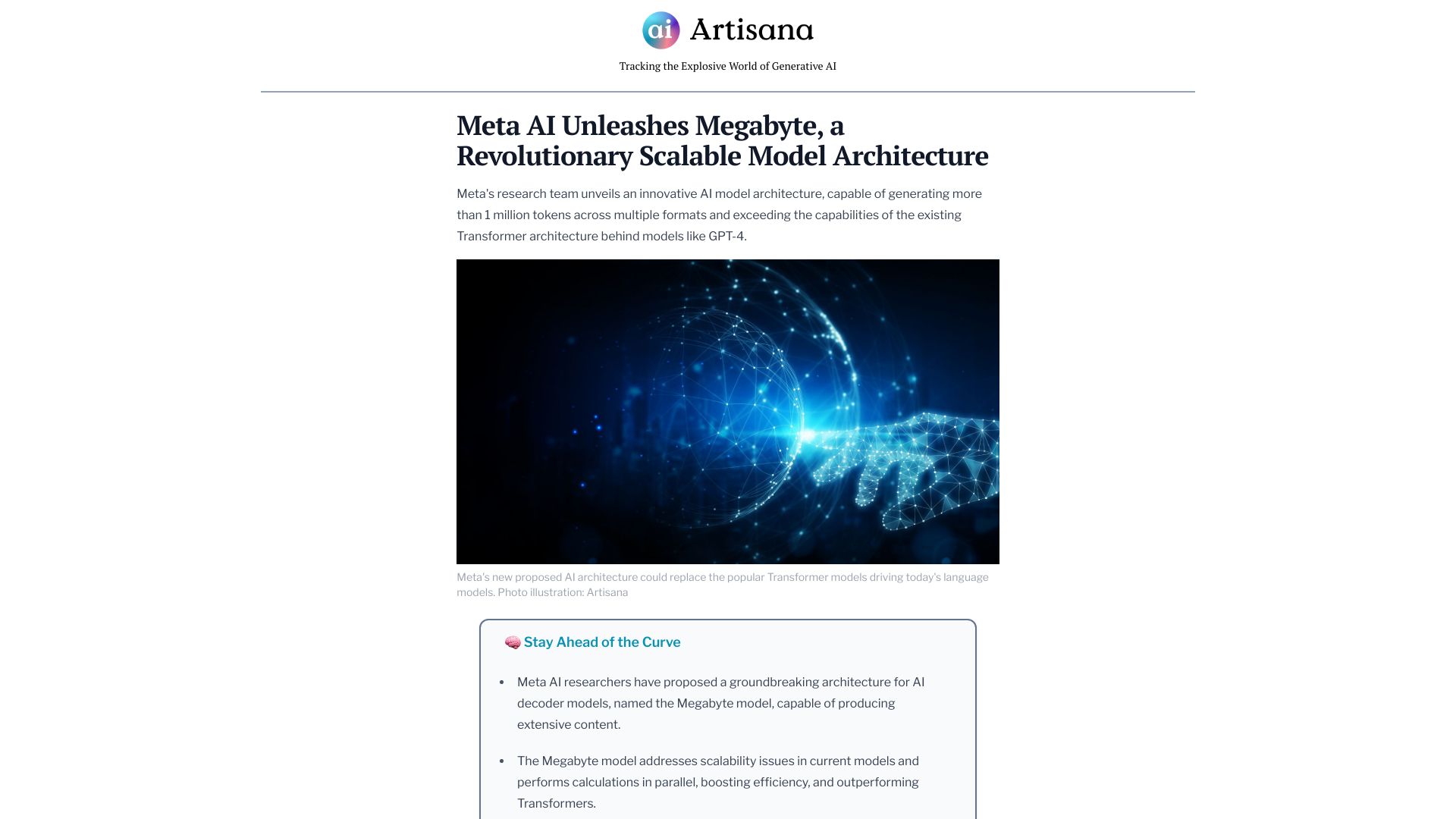 Screenshot of artisana.ai: Meta AI Unleashes Megabyte, a Scalable Model Architecture