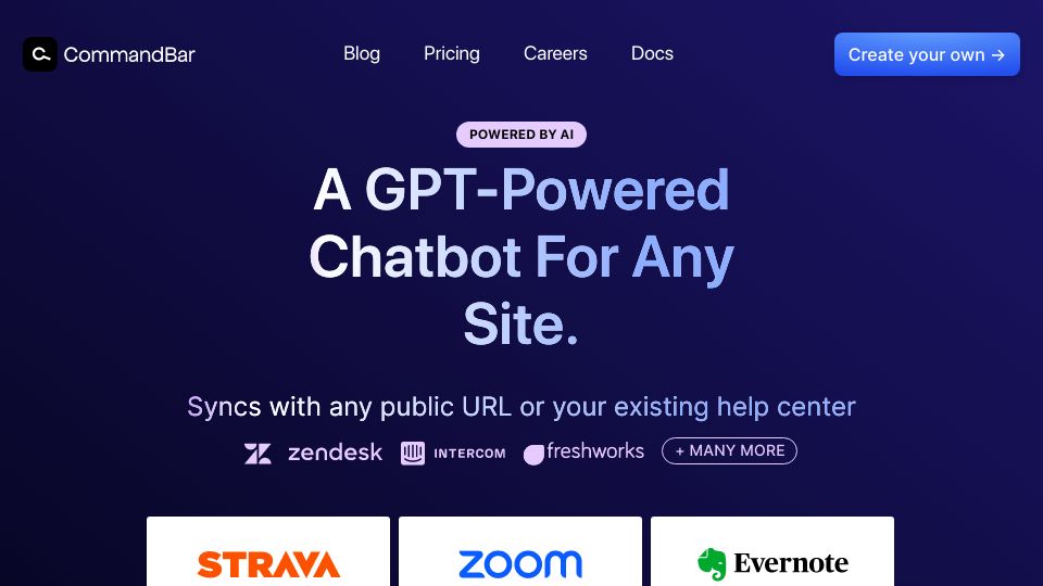 Screenshot of helphub.commandbar.com: Show HN: HelpHub – GPT chatbot for any site