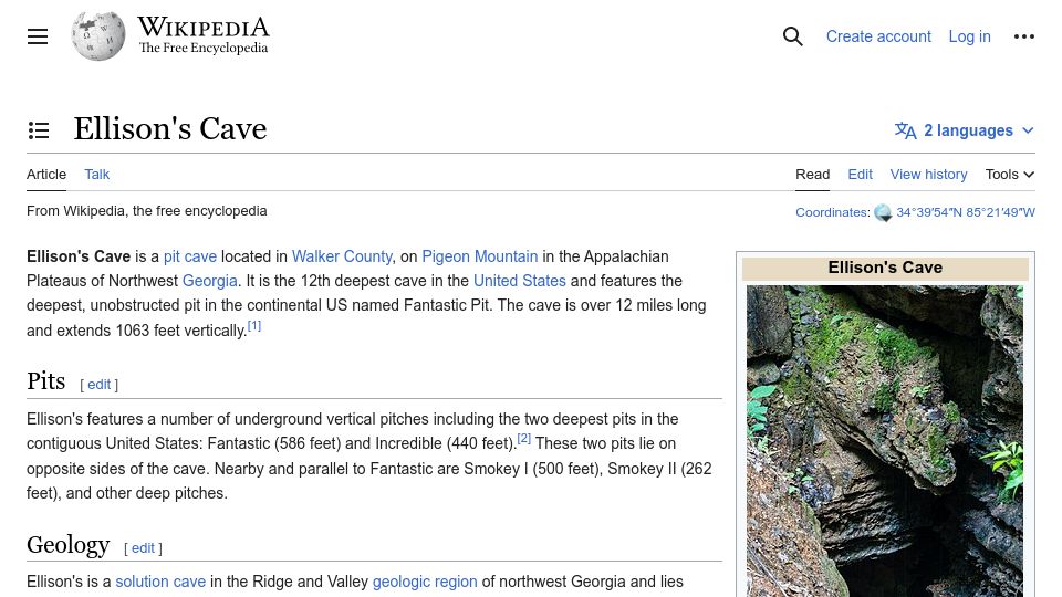 Screenshot of en.wikipedia.org: Ellison's Cave