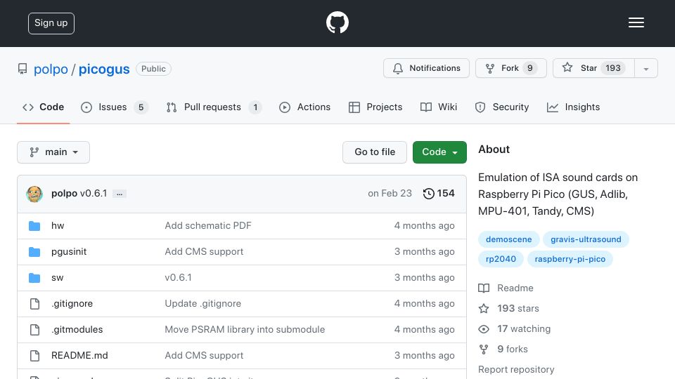 Screenshot of github.com: PicoGUS: Emulate ISA Sound Cards (GUS, Adlib, MPU-401, Tandy, CMS) with a Pico