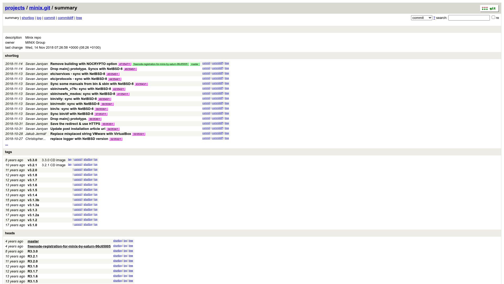 Screenshot of git.minix3.org: Minix development has been abandoned?