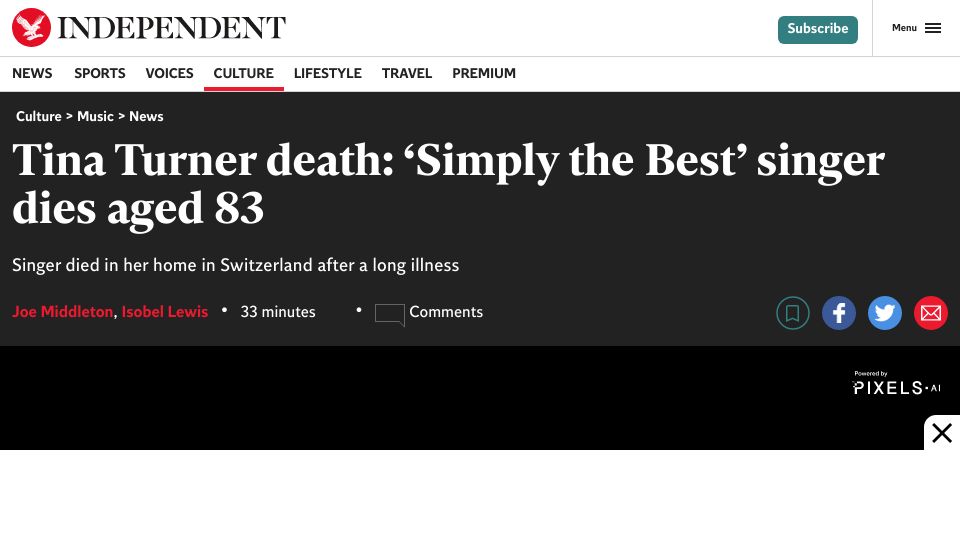 Screenshot of independent.co.uk: Tina Turner has died