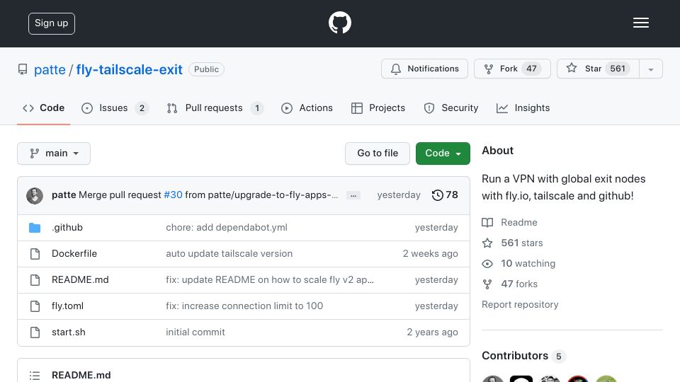 Screenshot of github.com: Make your own VPN with Fly.io, tailscale and GitHub