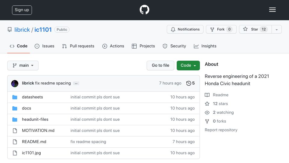 Screenshot of github.com: Show HN: Honda Civic Infotainment Reverse-Engineering