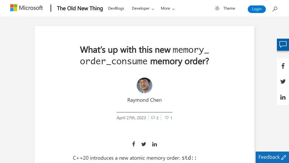 Screenshot of devblogs.microsoft.com: What's up with this new memory_order_consume memory order?
