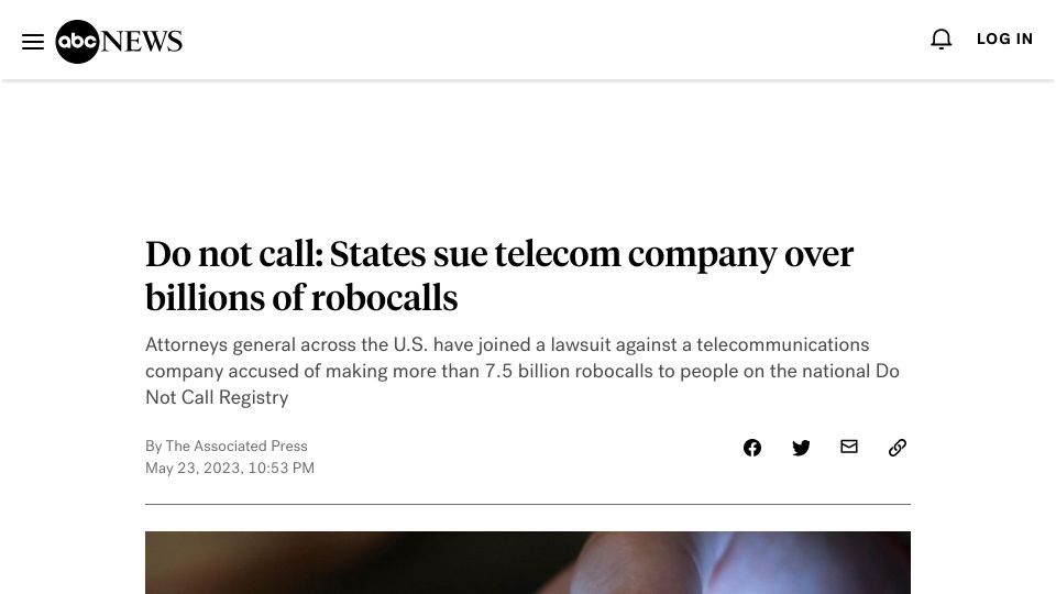 Screenshot of abcnews.go.com: Do not call: States sue telecom company over billions of robocalls