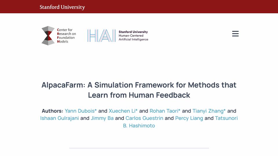 Screenshot of crfm.stanford.edu: Alpaca RLHF-ed to beat ChatGPT