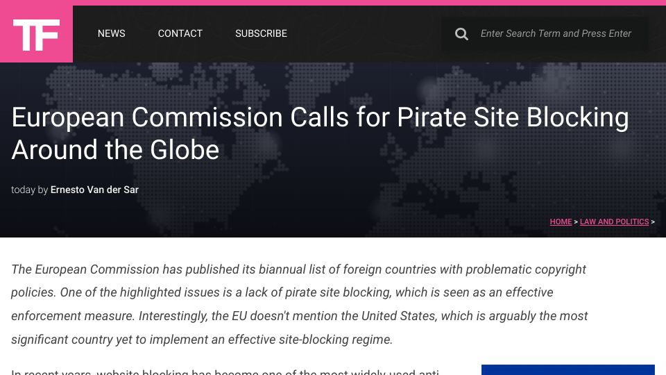 Screenshot of torrentfreak.com: European Commission Calls for Pirate Site Blocking Around the Globe
