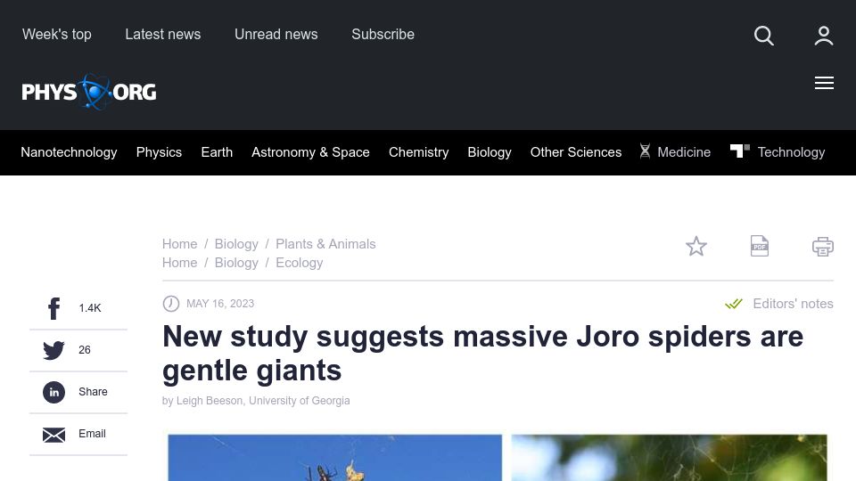 Screenshot of phys.org: New study suggests Joro spiders are shy