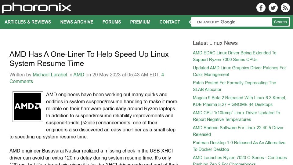 Screenshot of phoronix.com: AMD has a one-liner to help speed up Linux system resume time