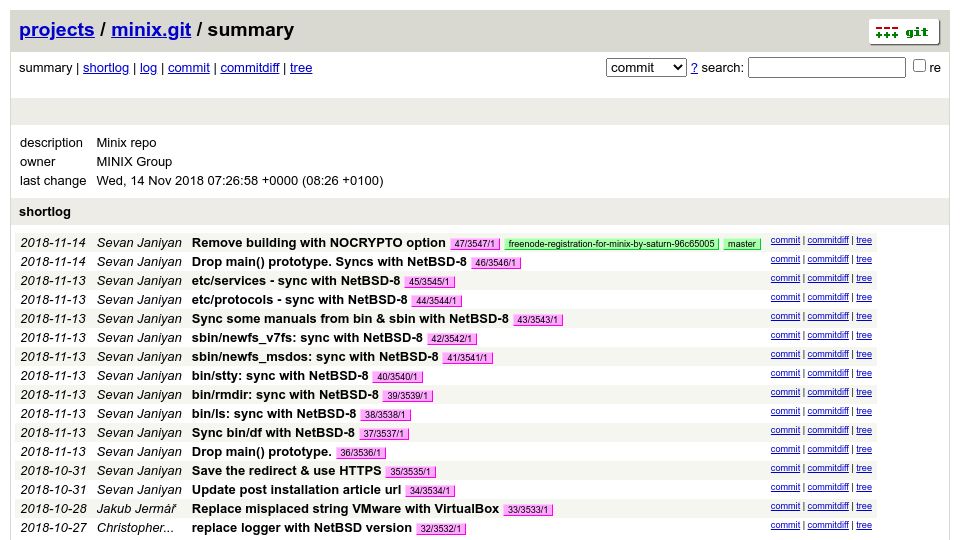 Screenshot of git.minix3.org: Minix development has been abandoned?
