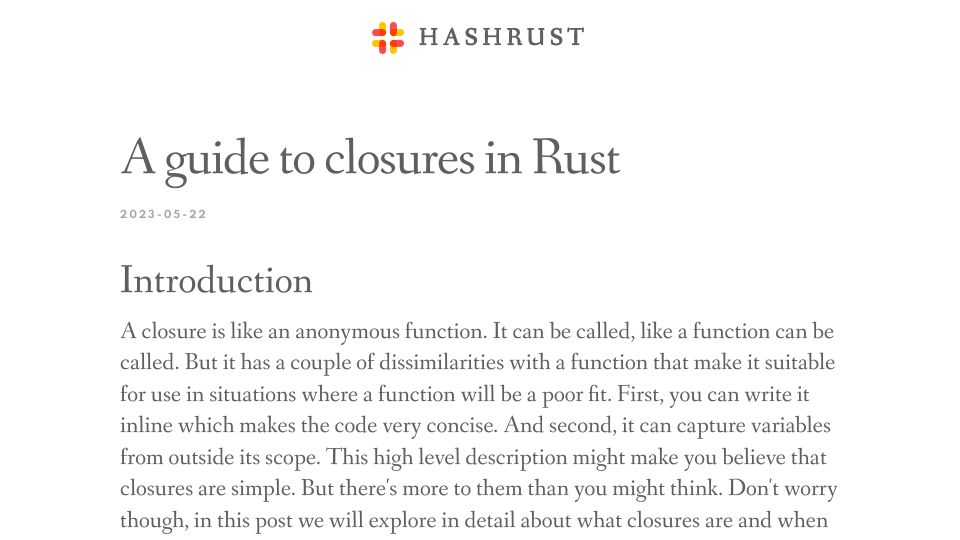 Screenshot of hashrust.com: A guide to closures in Rust