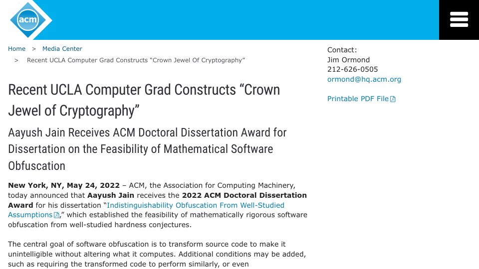Screenshot of acm.org: UCLA computer grad constructs “crown jewel of cryptography”
