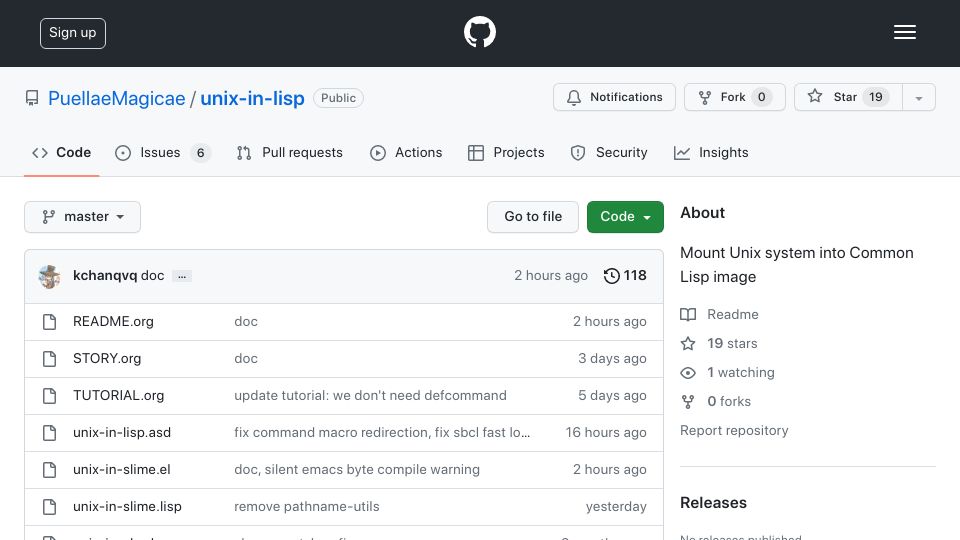 Screenshot of github.com: Show HN: Mount Unix system into Common Lisp image