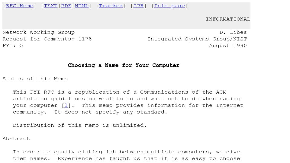 Screenshot of rfc-editor.org: Choosing a Name for Your Computer (1990)