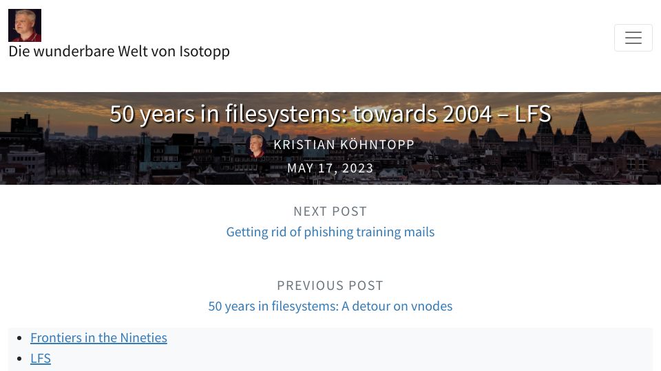 Screenshot of blog.koehntopp.info: 50 years in filesystems: towards 2004 – LFS