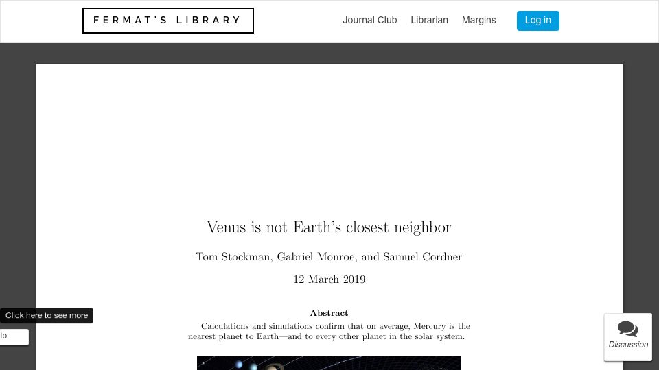 Screenshot of fermatslibrary.com: Venus is not Earth’s closest neighbor (2019) [pdf]